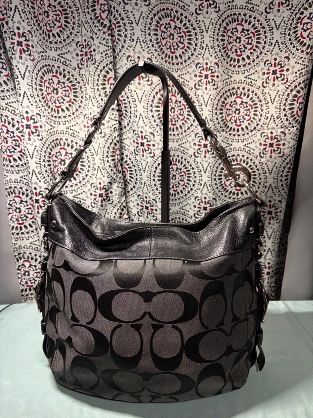 COACH Zoe Black Signature Jacquard Large Hobo Shoulder Bag #F12674 - Picture 7 of 15